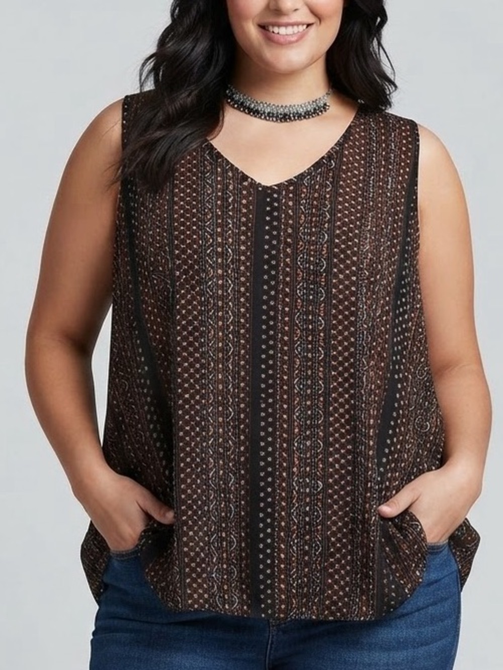 PENNINGTONS V Neck Brown Geometric Sleeveless Tank Top Sheer Black Layer 3X